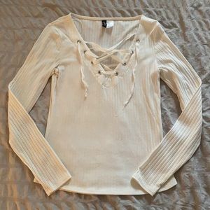 White Ribbed Long Sleeve Top w/ Lace up detail